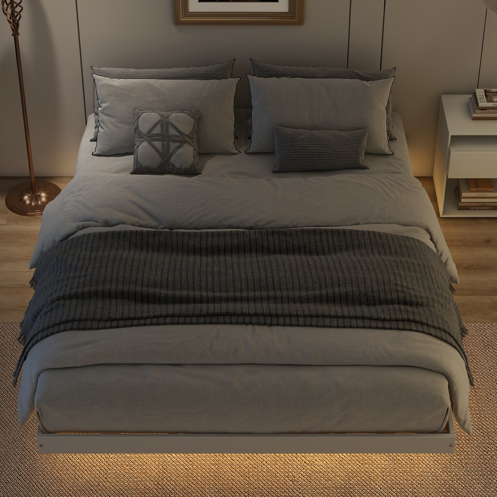 Queen Size Floating Bed with LED Lights Underneath,Modern Queen Size Low Profile Platform Bed with LED Lights,Grey photo review