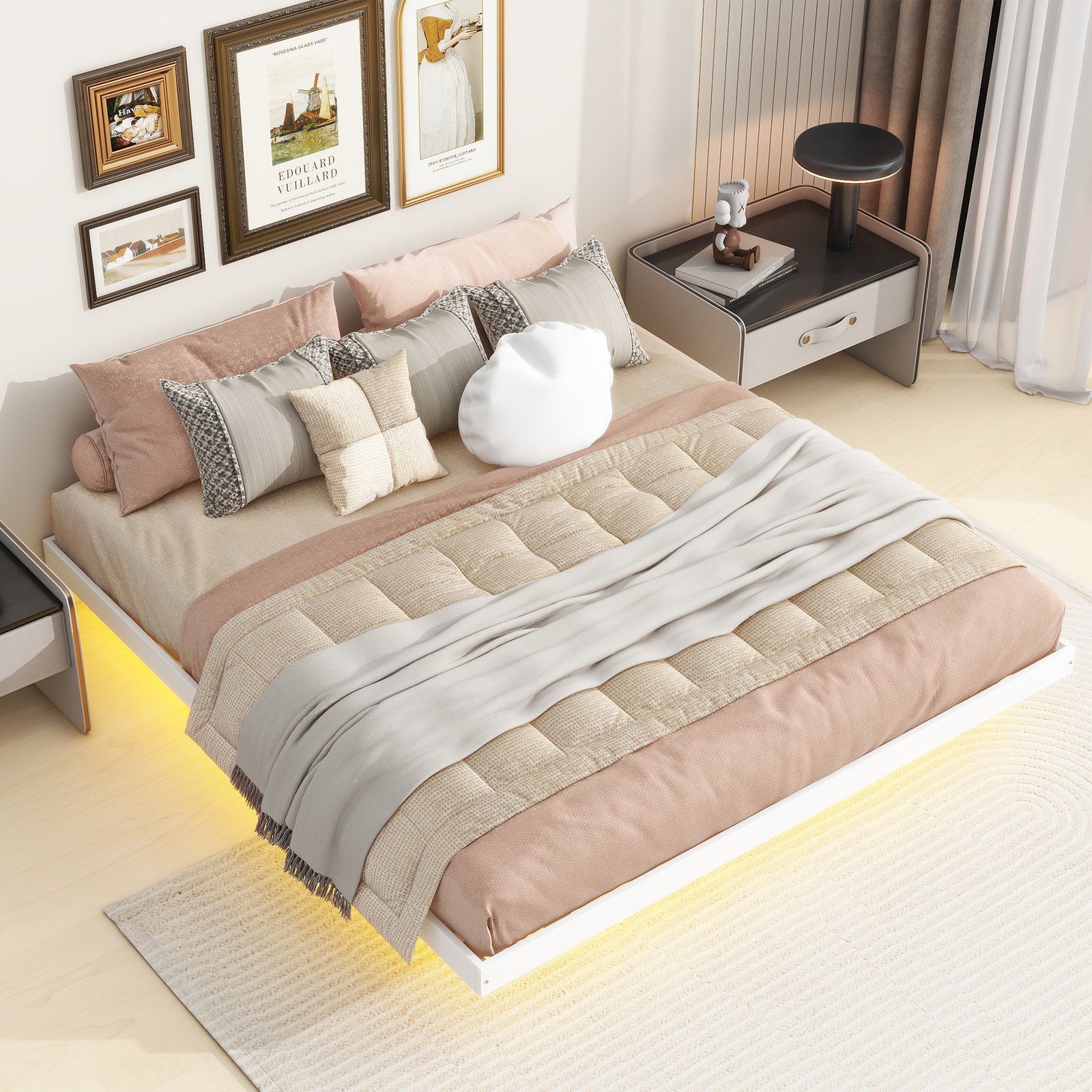 King Size Floating Bed with LED Lights Underneath,Modern King Size Low Profile Platform Bed with LED Lights,White photo review