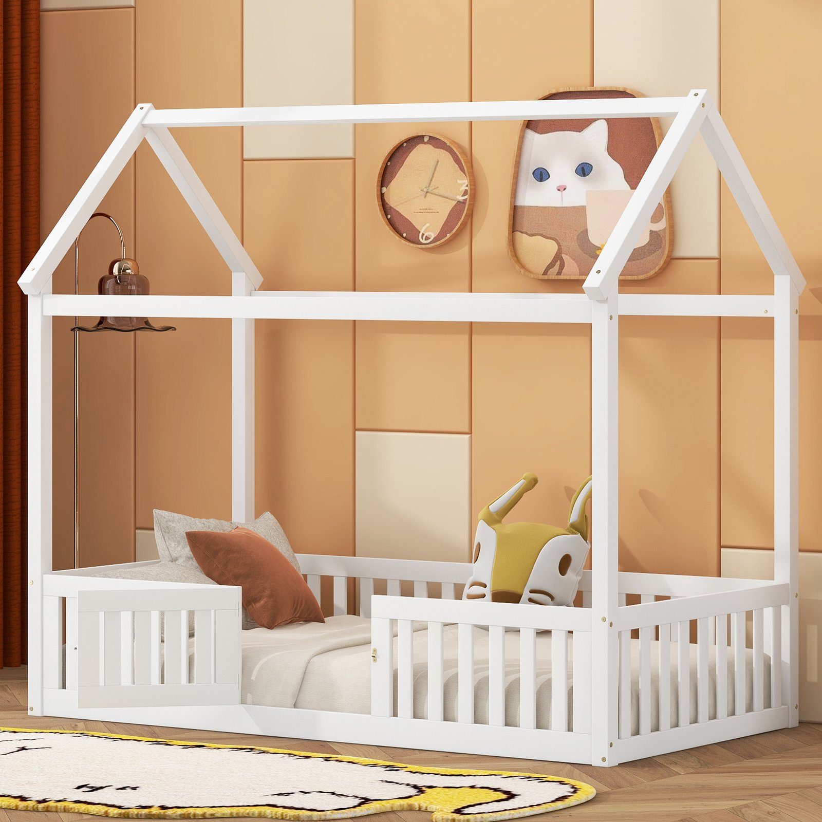 Twin Size Wood House Bed with Fence and Door, White(Old SKU: WF303131AAK) photo review