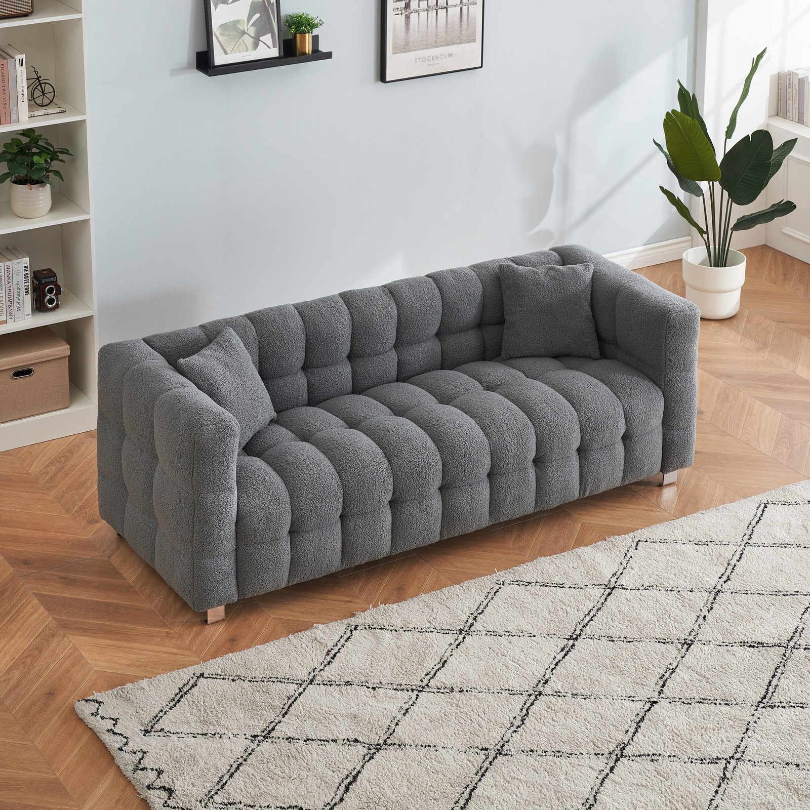 Grey teddy fleece sofa 80 inch discharge in living room bedroom with two throw pillows hardware foot support photo review