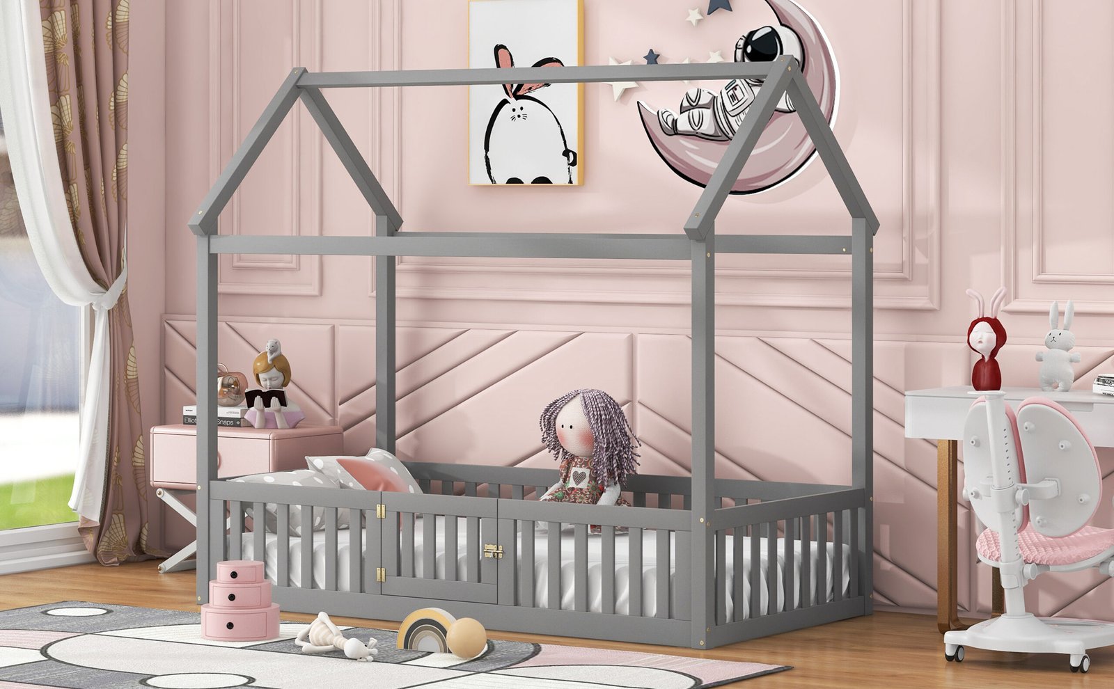 Twin Size Wood House Bed with Fence and Door, Gray(Old SKU: WF303131AAE) photo review