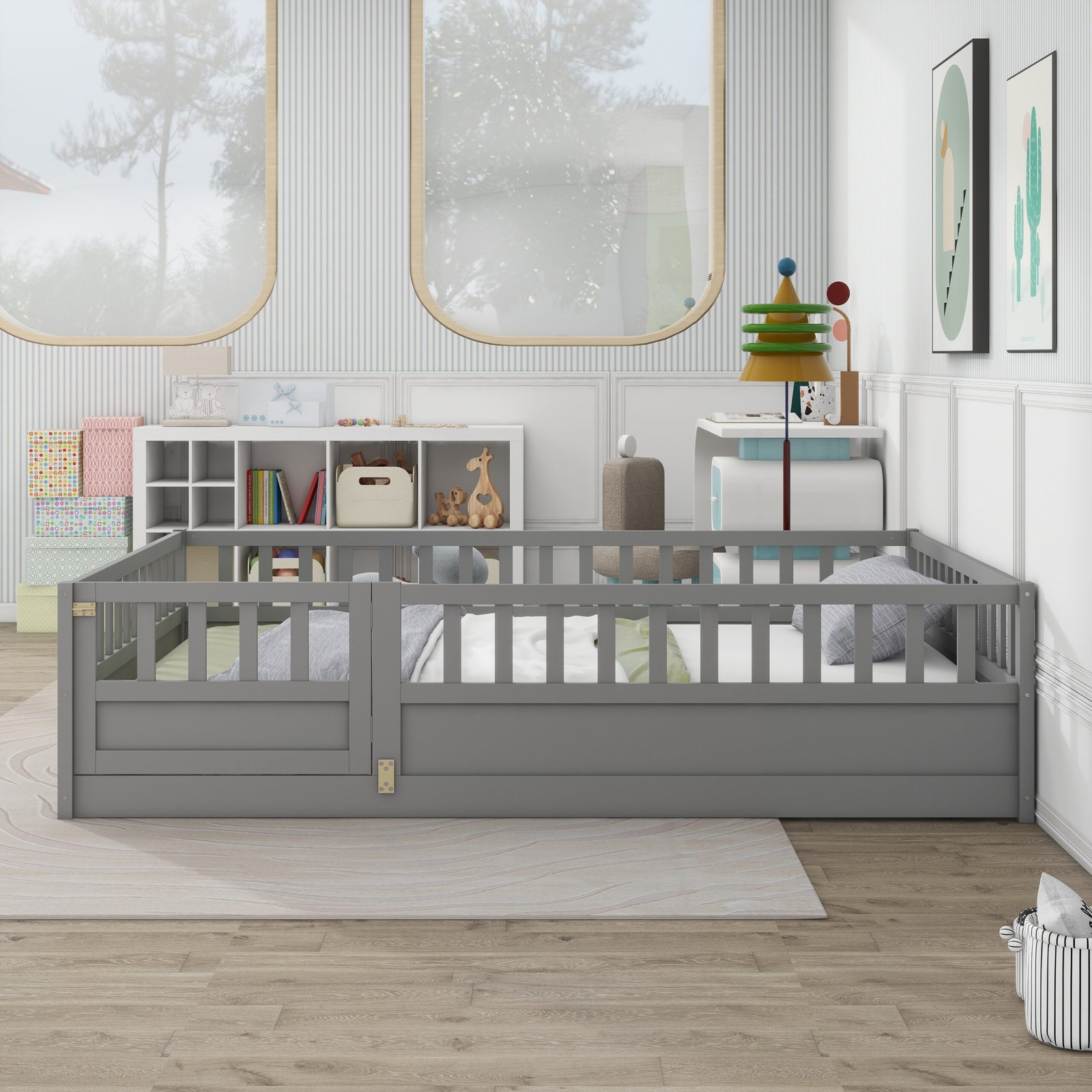 Full size  Floor bed, integral construction with super high security barrier, door, children's floor bed frame, Montessori wooden children's floor bed,  Grey photo review