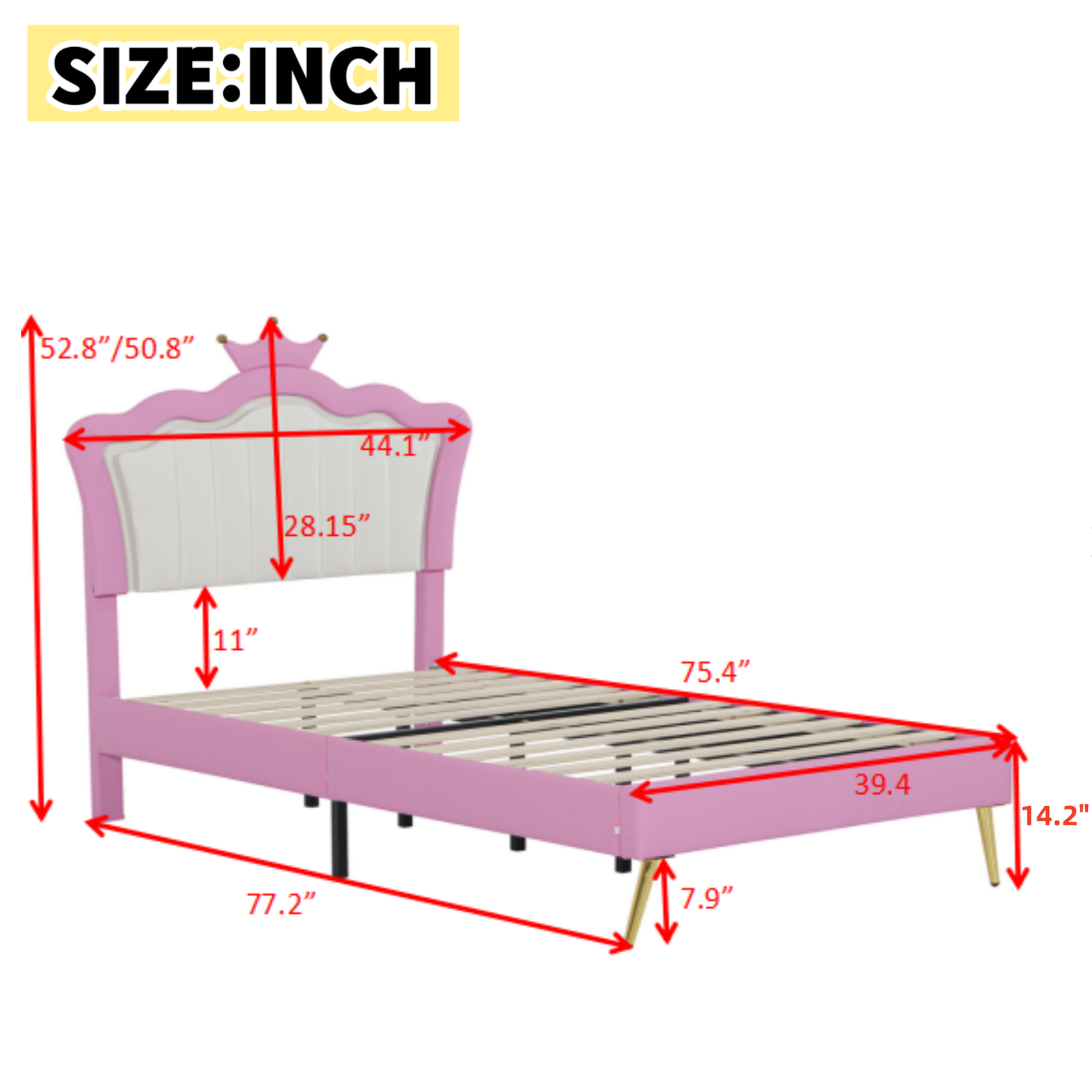Twin Size Upholstered Bed Frame with LED Lights, Modern Upholstered Princess Bed with Crown Headboard, Pink+White photo review