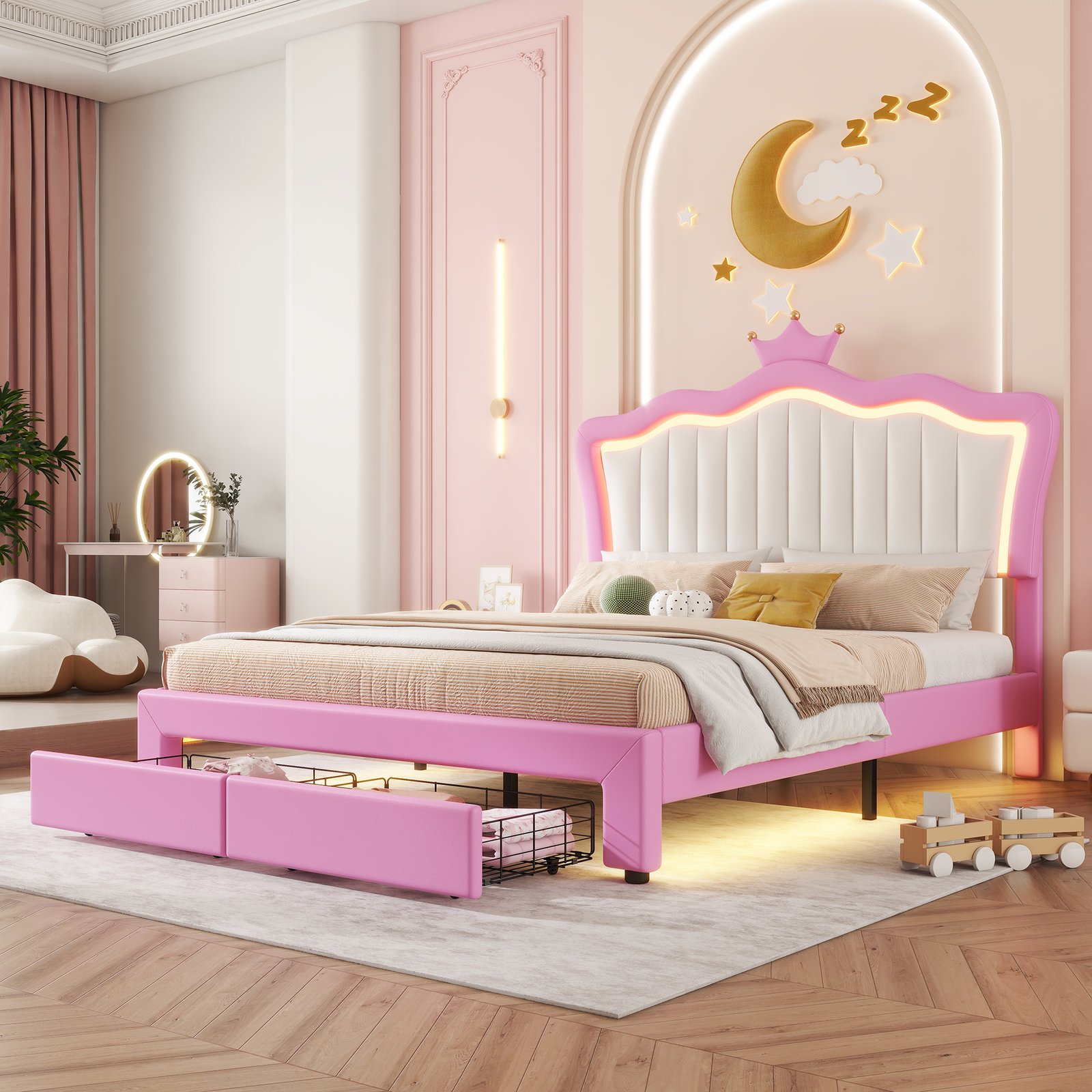 Full Size Upholstered Bed Frame with LED Lights, Modern Upholstered Princess Bed with Crown Headboard, 2 Drawers, Pink+White photo review