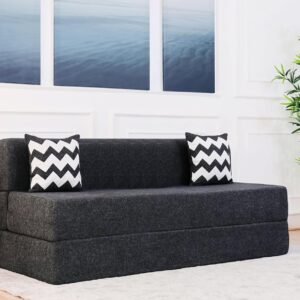 uberlyfe Xtra Long 4-Seater Sofa Cum Bed | 1-Year Warranty | King Mattress, Sofacum Bed for Tall People | 15" Sofa Height |2 Zigzag Pattern Cushions | Jute Finish Fabric | 6' X 6.5' Feet