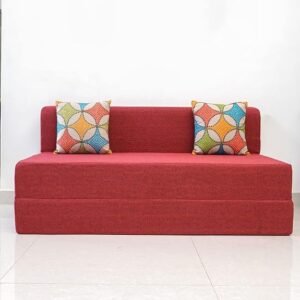 uberlyfe Basics 3 Seater Sofa Cum Bed | Jute Fabric Washable Cover | 2 Cushions Jharokha Pattern | Primrose Red | 5' X 6' Feet