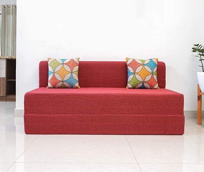 uberlyfe Basics 3 Seater Sofa Cum Bed | Jute Fabric Washable Cover | 2 Cushions Jharokha Pattern | Primrose Red | 5' X 6' Feet