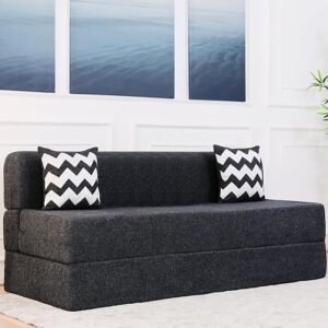 uberlyfe Xtra Long 3-Seater Sofa Cum Bed | 1-Year Warranty | Queen Mattress, Sofacum Bed for Tall People | 15" Sofa Height |2 Zigzag Pattern Cushions | Jute Finish Fabric | 5' X 6.5' Feet