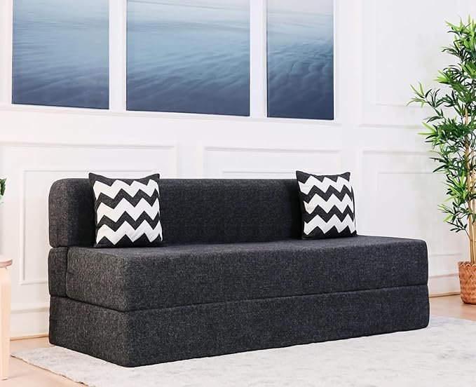 uberlyfe Xtra Long 3-Seater Sofa Cum Bed | 1-Year Warranty | Queen Mattress, Sofacum Bed for Tall People | 15" Sofa Height |2 Zigzag Pattern Cushions | Jute Finish Fabric | 5' X 6.5' Feet