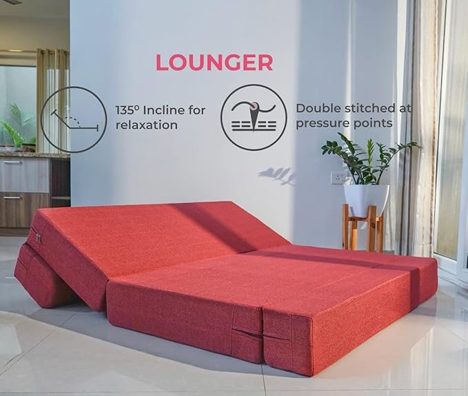 uberlyfe Basics 3 Seater Sofa Cum Bed | Jute Fabric Washable Cover | 2 Cushions Jharokha Pattern | Primrose Red | 5' X 6' Feet photo review