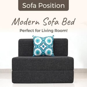 uberlyfe 1 Seater Sofa Cum Bed | Jute Fabric Washable Cover | 1 Cushion Blue Quartet Pattern | Dark Grey | 3' x 6' Feet
