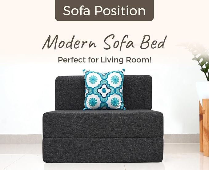 uberlyfe 1 Seater Sofa Cum Bed | Jute Fabric Washable Cover | 1 Cushion Blue Quartet Pattern | Dark Grey | 3' x 6' Feet