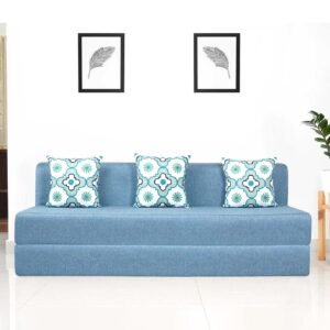uberlyfe Basics 3 Seater Sofa Cum Bed | Jute Fabric Washable Cover | 3 Cushions Blue Quartet Pattern | Aqua Blue | 6' X 6' Feet