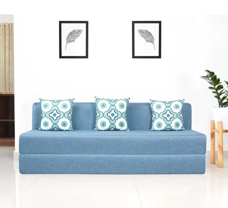 uberlyfe Basics 3 Seater Sofa Cum Bed | Jute Fabric Washable Cover | 3 Cushions Blue Quartet Pattern | Aqua Blue | 6' X 6' Feet