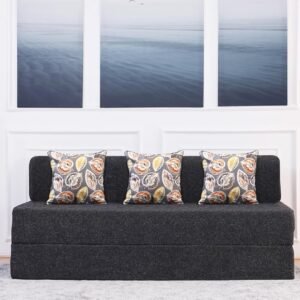 uberlyfe 3 Seater Sofa Cum Bed | Jute Fabric Washable Cover | 3 Cushions Fall Leaves Pattern | Dark Grey | 6.5' X 6' Feet