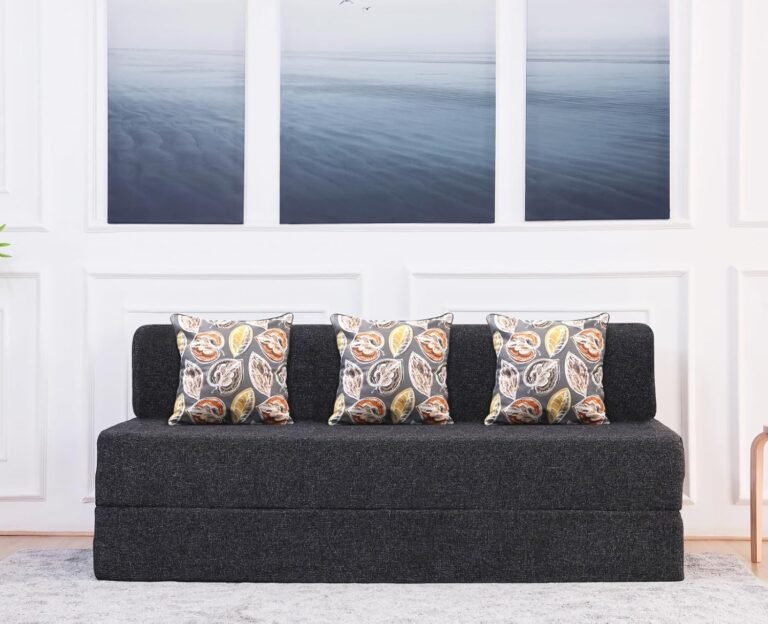 uberlyfe 3 Seater Sofa Cum Bed | Jute Fabric Washable Cover | 3 Cushions Fall Leaves Pattern | Dark Grey | 6.5' X 6' Feet