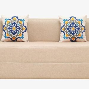 uberlyfe 3 Seater Sofa Cum Bed | Jute Fabric Washable Cover | 2 Cushions Blue Medallion Pattern | 6' X 6' Feet