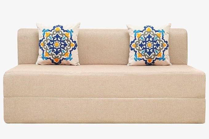 uberlyfe 3 Seater Sofa Cum Bed | Jute Fabric Washable Cover | 2 Cushions Blue Medallion Pattern | 6' X 6' Feet