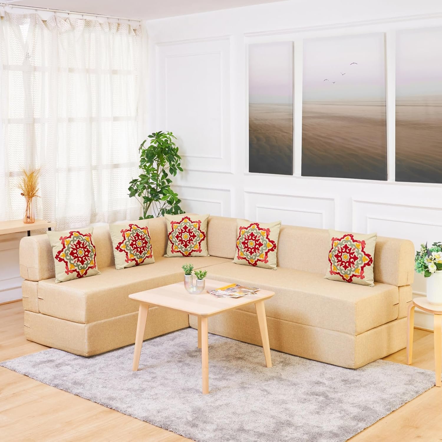 uberlyfe 5 Seater L Shaped Sofa Cum Bed | 1 Year Warranty | Foldable L Shaped Sofacum Bed | Sits & Sleeps 5 | 17" Sofa Height | Beige Color, Red Medallion Pattern photo review