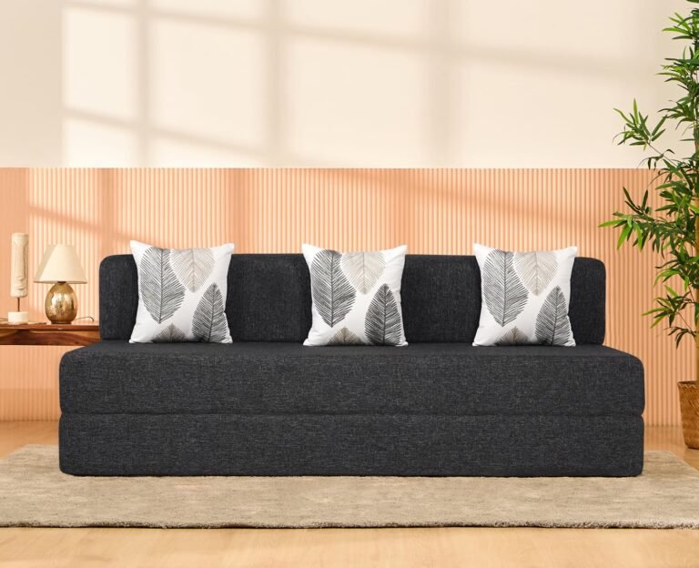 uberlyfe 3 Seater Sofa Cum Bed | Jute Fabric Washable Cover | 3 Cushions Threadbare Pattern | Dark Grey | 6.5' X 6' Feet